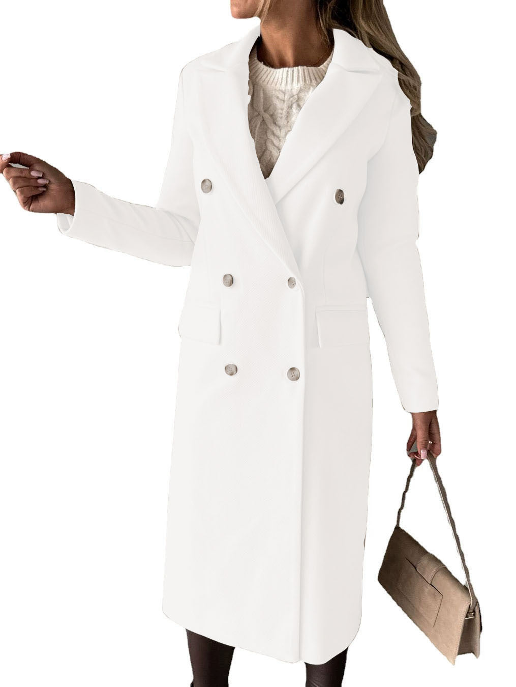 Double Breasted Lapel Coat Winter Fashion Solid Slim Long Jacket