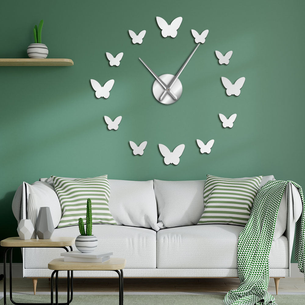 3D Mirror Wall Clock Butterfly Living Room Bedroom Home Decor Big Time