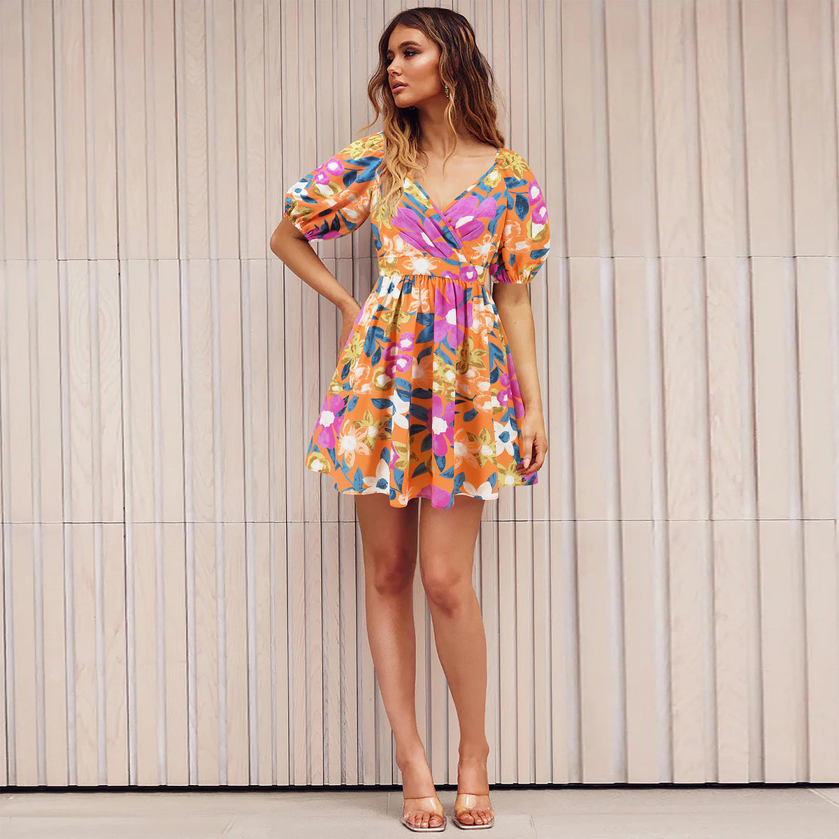 Flowers Print V-Neck Lantern-Sleeve Dress Y2K Summer Vacation Beach