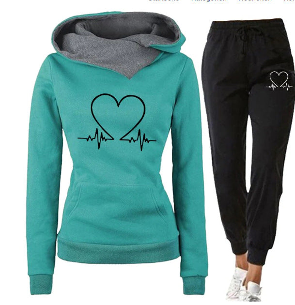 Love Heart Printed Sports Suit Hooded Sweatshirt Top and Drawstring