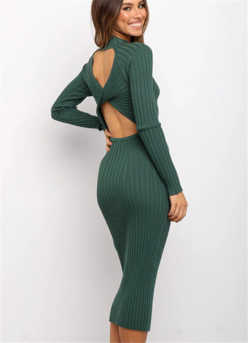 Women's Suits Sweater Dresses Solid Color Backless Bow Tight