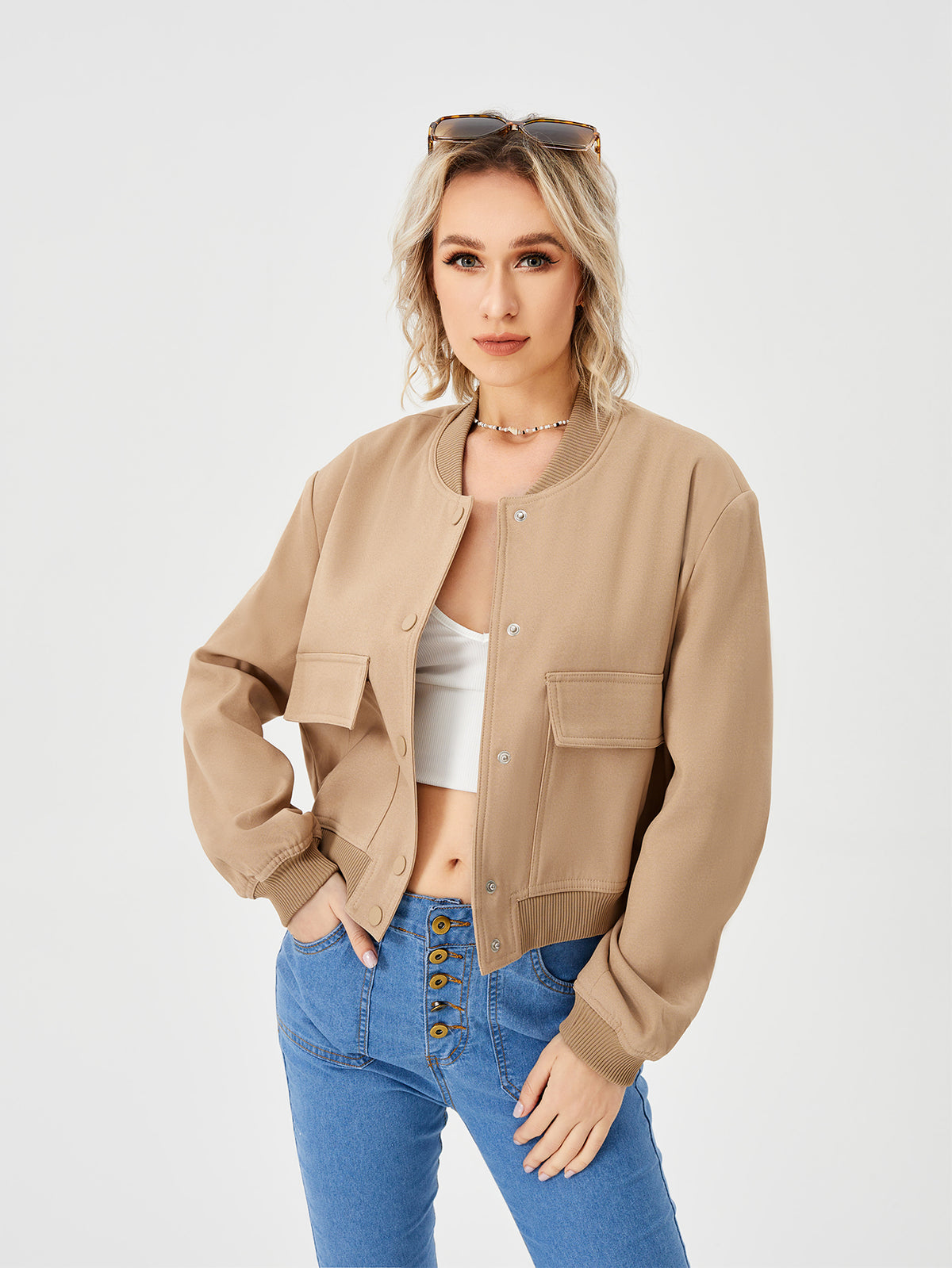 Women's Lightweight Cropped Bomber Jacket Casual Long Sleeve Varsity