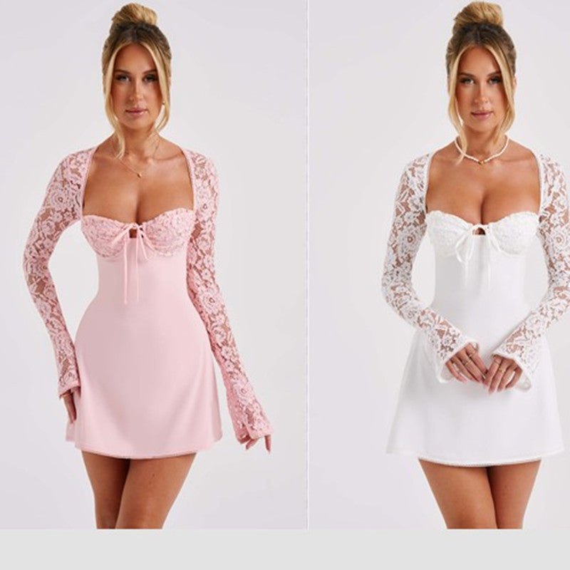 Y2K Lace Long Sleeve Dress Fashion Sexy Corset Backless Up Short