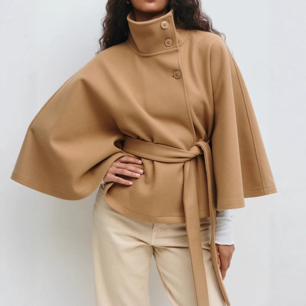 Winter High Neck Batwing Sleeve Coat with Belt Fashion Loose Elegant