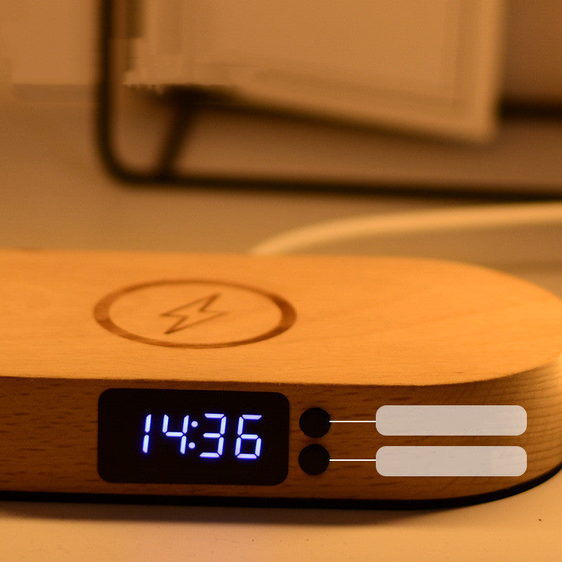 Wooden Bedside Table Lamp with Clock - Digital Alarm Night Light