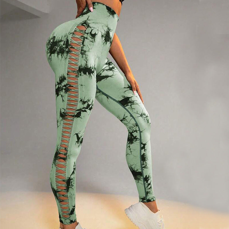 Hollow Tie Dye Printed Yoga Pants High Waist Butt Lift Seamless