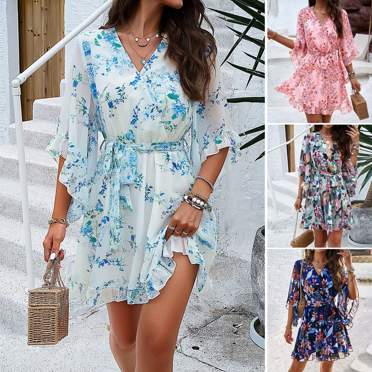 Summer Floral Print Short Sleeves Dress Lace Up Ruffles Design