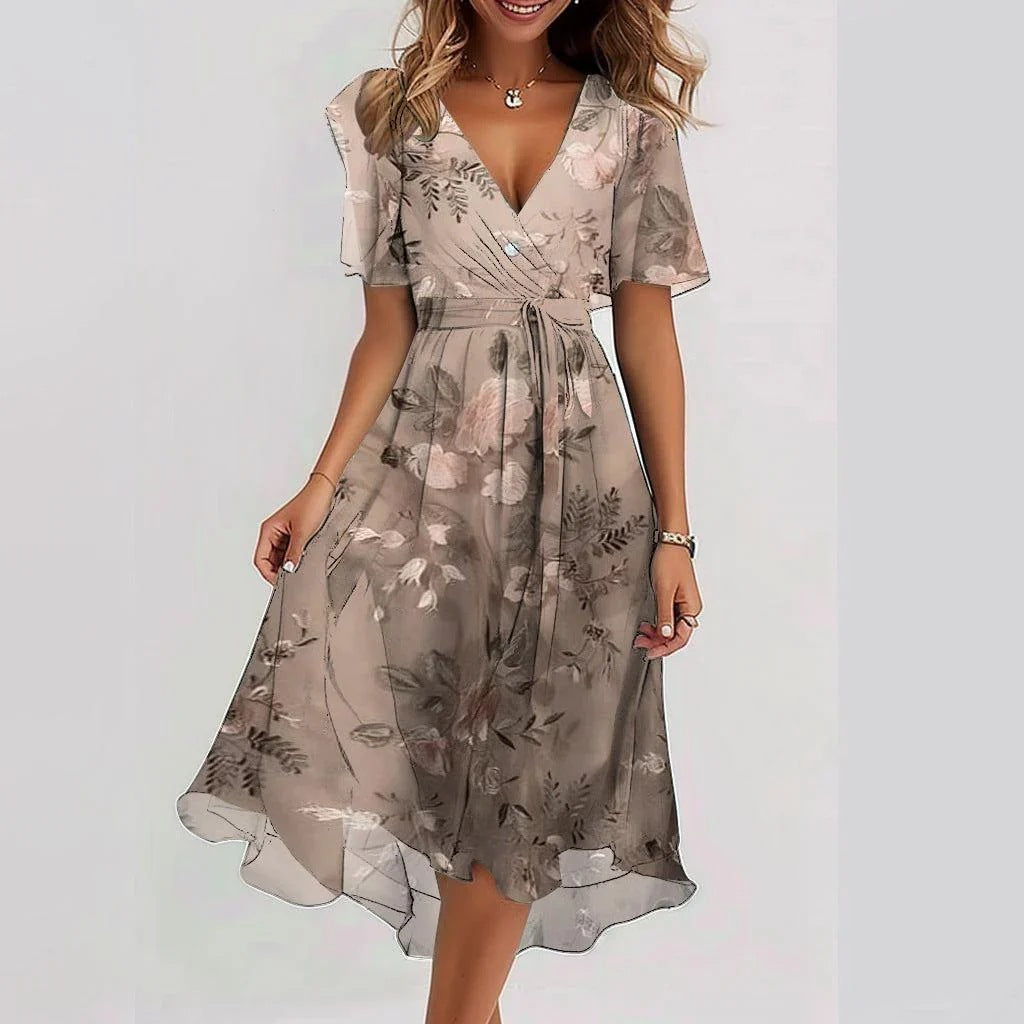 Chiffon Printed Short Sleeve Dress Summer Elegant V-Neck Dresses