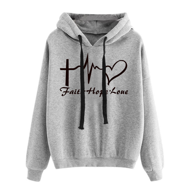 Heart Print Hoodie Sweatshirt Pullover Tops Women Long Sleeve Sports
