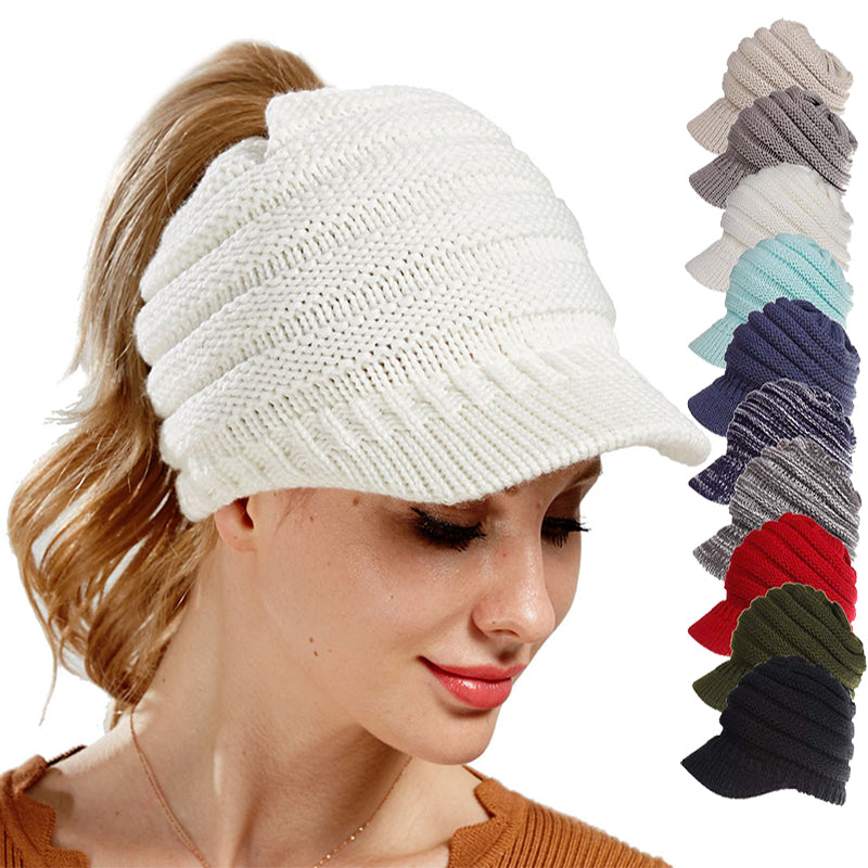 Women Ponytail Beanies Autumn Winter Hats Soft Knitting Caps