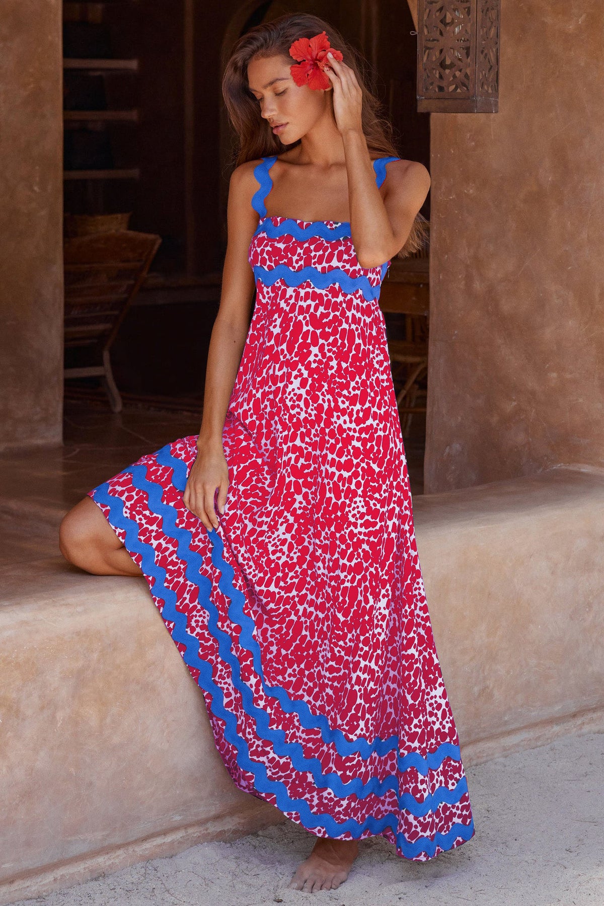 Flowers Print Wavy Pattern Suspender Long Dress for Women Fashion