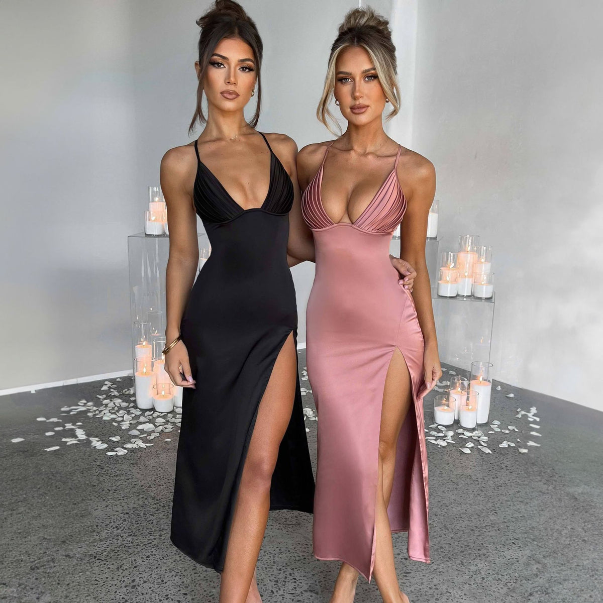 Spaghetti Strap Dress with Split Design Deep V-Neck Sleeveless