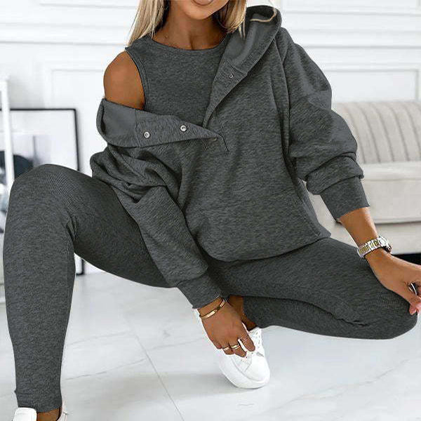3pcs Women's Sports Suit Loose Hooded Pockets Sweatshirt and Vest