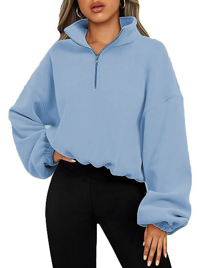 Loose Sport Pullover Hoodie Women Winter Solid Color Zipper Stand