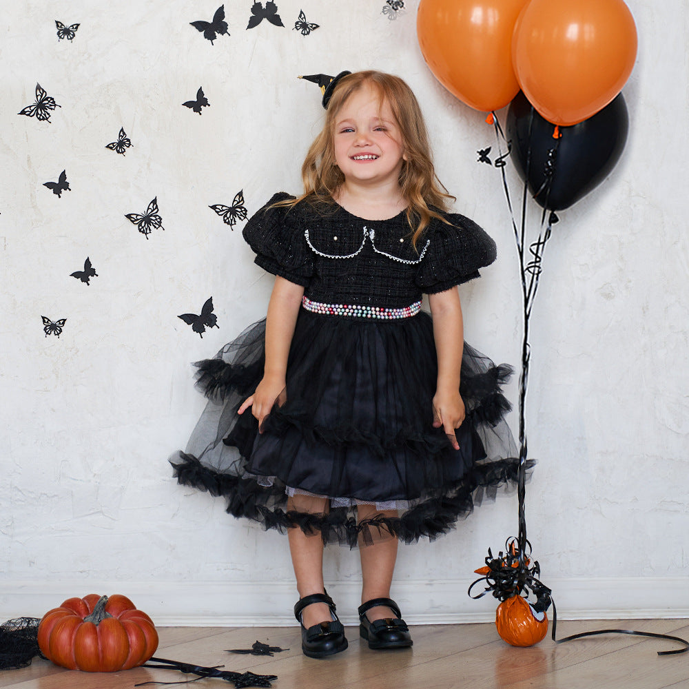 Girls Fashion Halloween Mesh Stitching Puff Sleeve Dress