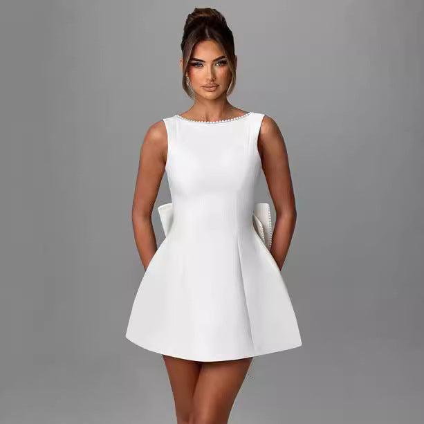 Fashion Big-Bowed Pearls Backless Dress Summer Slim Sleeveless A-Line