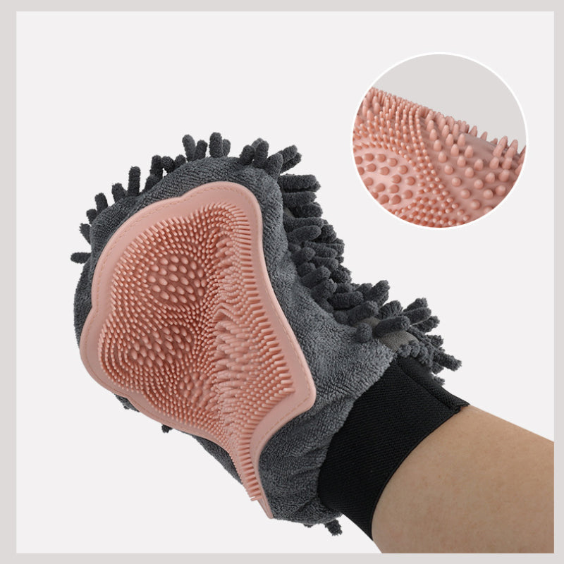 2-in-1 Pet Bath & Grooming Glove - Silicone Massage Brush and Drying Mitt