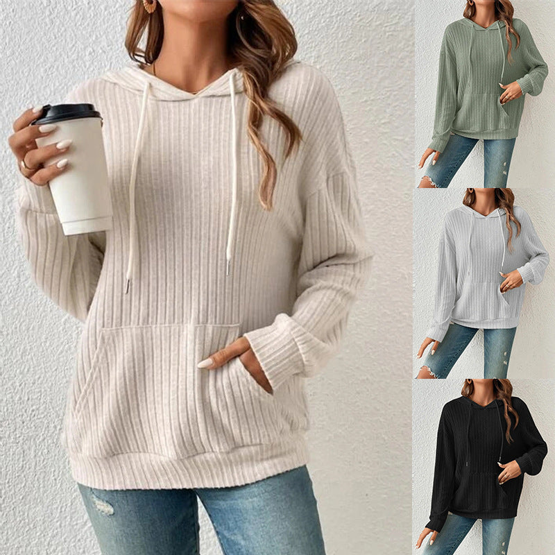 Fashion Drawstring Long-Sleeved Hooded Sweatshirt with Pockets Solid