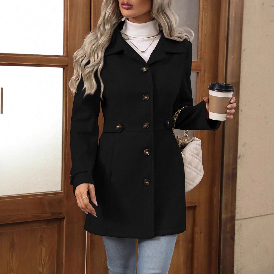 Elegant Single-Breasted Woolen Coat Buttons Lapel Mid-Length Jacket