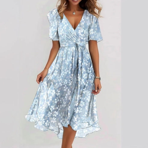 Chiffon Printed Short Sleeve Dress Summer Elegant V-Neck Dresses