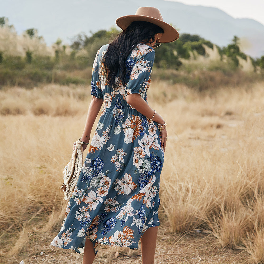 Floral Summer Beach Dress with V-Neck Elastic Waist Dresses for Women