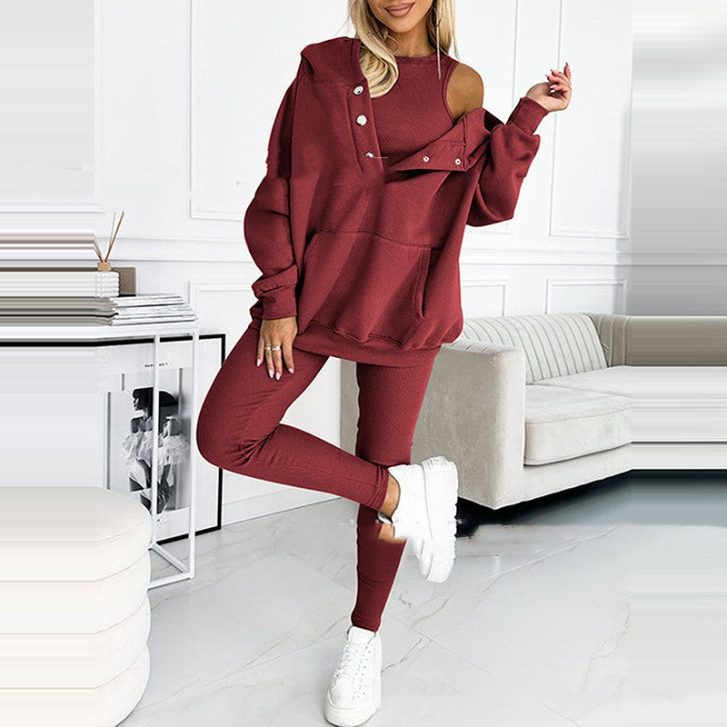 3pcs Women's Sports Suit Loose Hooded Pockets Sweatshirt and Vest