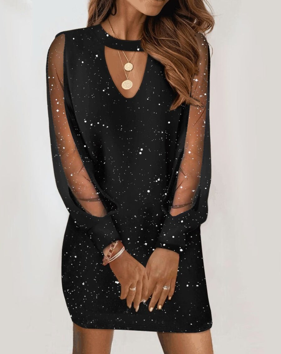 Long-Sleeved V-Neck Dress Spring and Autumn Lace Splicing for Women's
