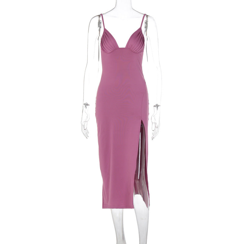 Spaghetti Strap Dress with Split Design Deep V-Neck Sleeveless
