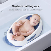 Polypropylene baby bathtub with a soft TPE edge, drainage system and three-point support, available in blue or pink.