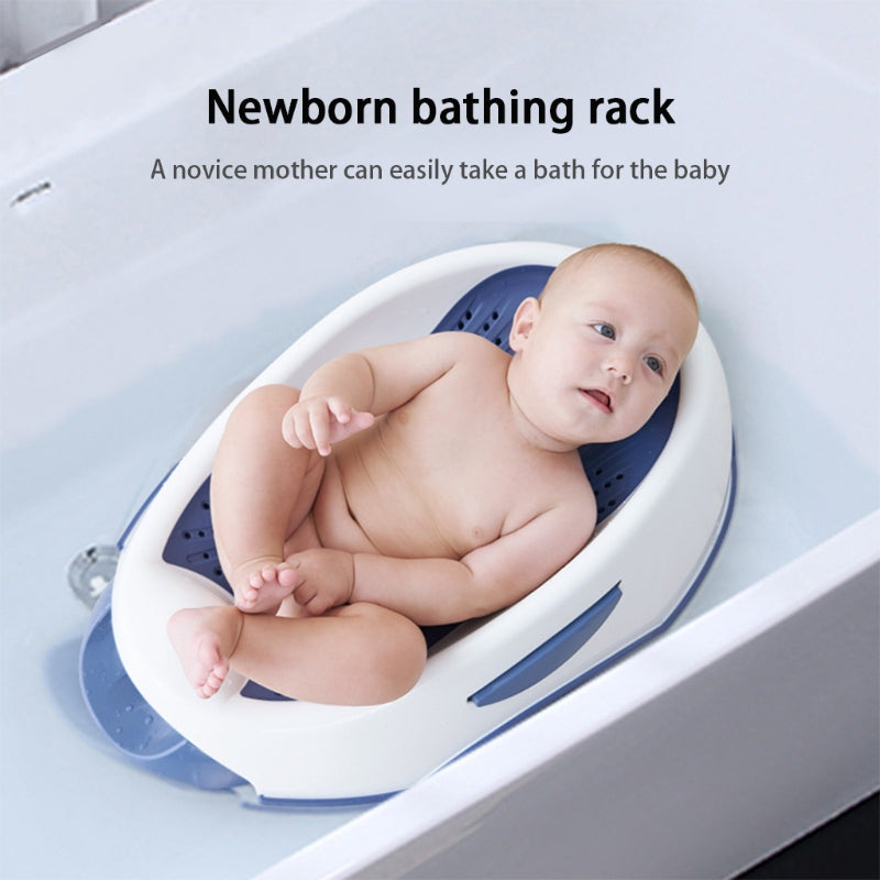 Polypropylene baby bathtub with a soft TPE edge, drainage system and three-point support, available in blue or pink.