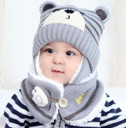 Wool baby bear ear hat and matching neck warmer set for children aged approximately 6 to 24 months.
