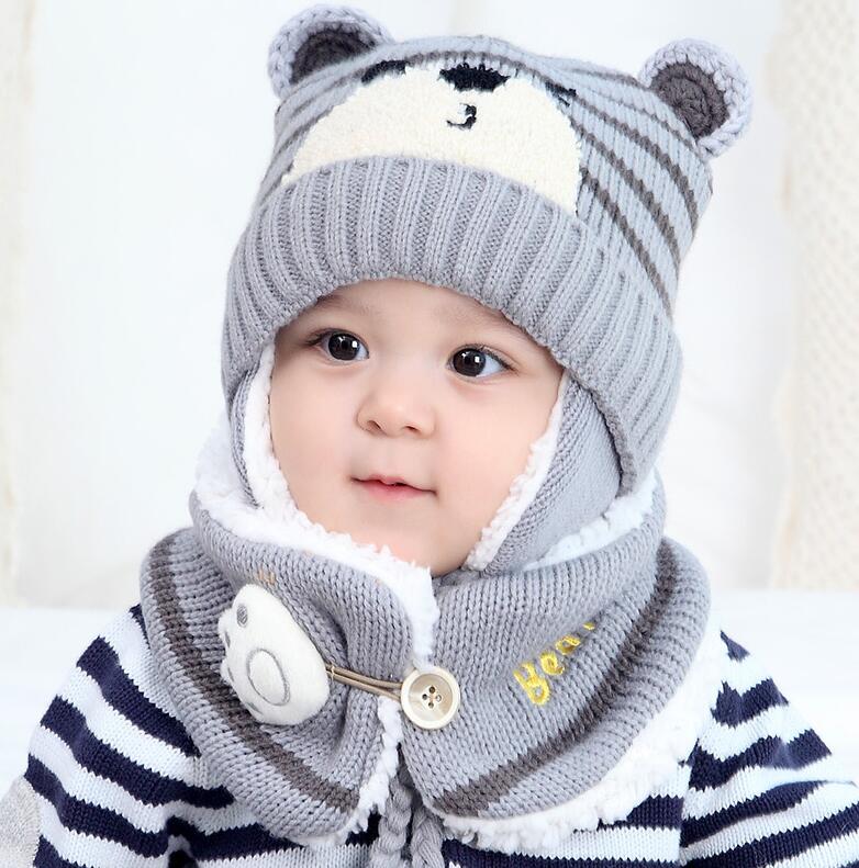 Wool baby bear ear hat and matching neck warmer set for children aged approximately 6 to 24 months.
