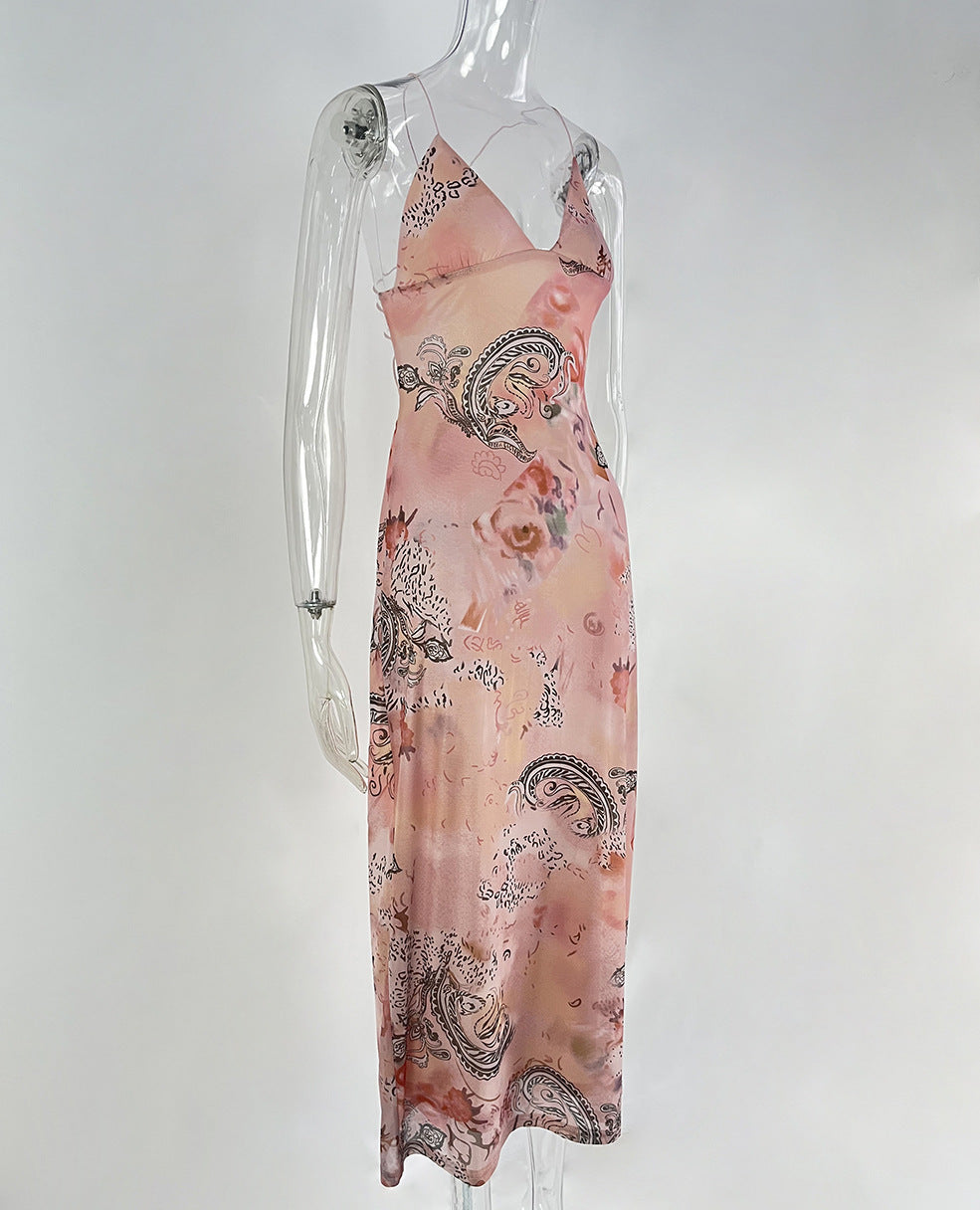 Floral Print Halter Spaghetti Straps Dress Sexy Slim Butterfly Back