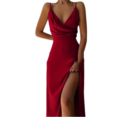 V-Neck Slit Sling Dress Summer Fashion Sexy Slim Suspender Dresses