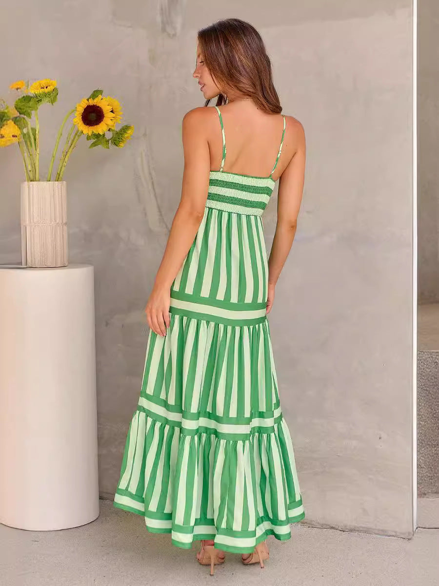 Summer Striped Printed Suspender Long Dress with Pockets Fashion