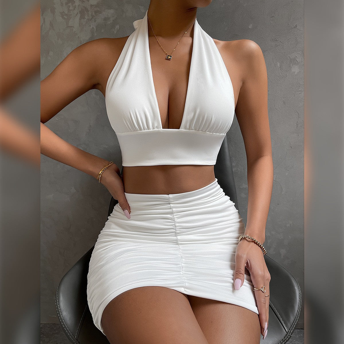 2pcs Dress Suits for Women Halter Lace-Up Hip Top and Pleated