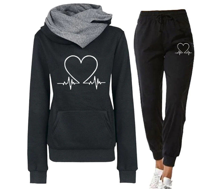 Love Heart Printed Sports Suit Hooded Sweatshirt Top and Drawstring