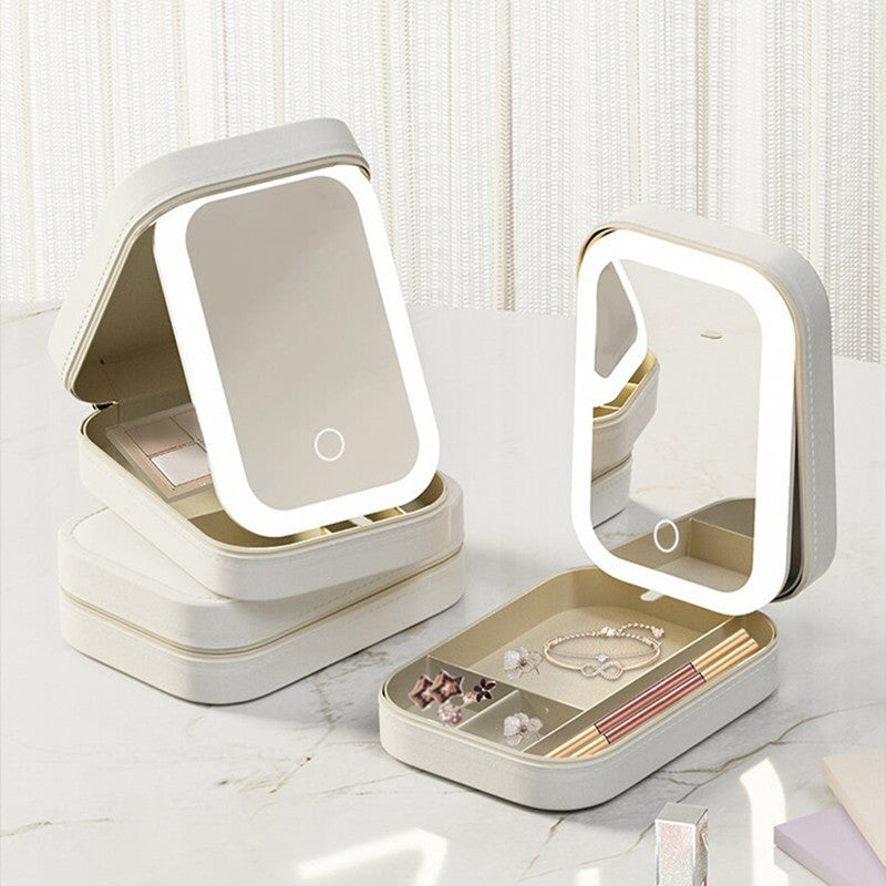 LED Mirror Makeup Storage Box - Portable Travel Cosmetic Organizer with Touch Light