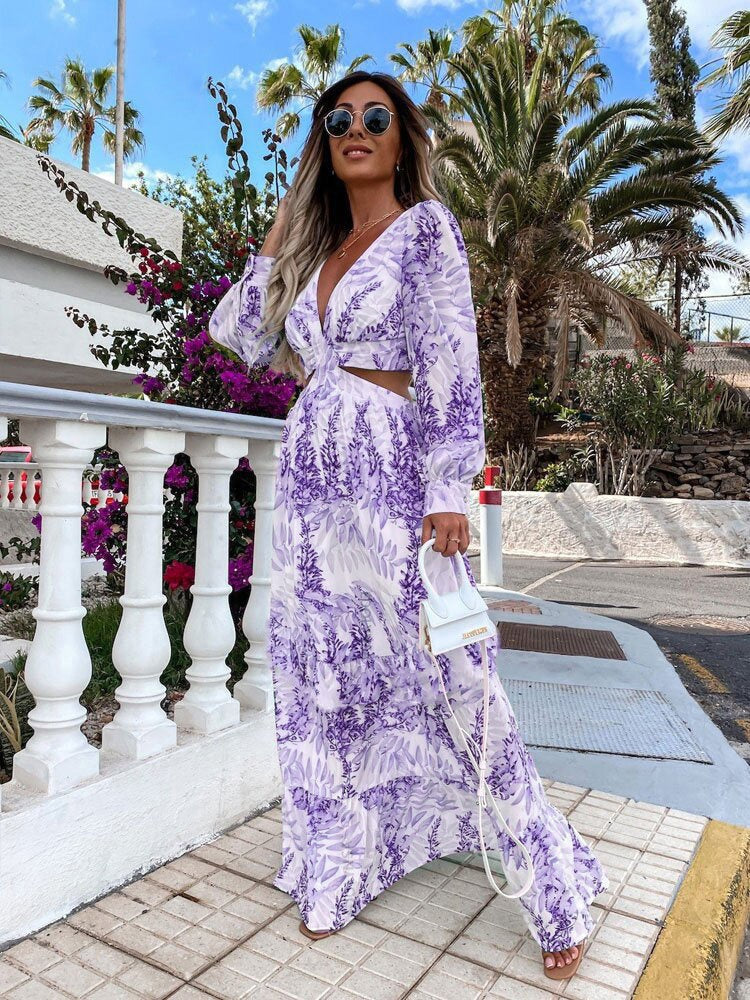 Elegant Women's Hollow Floor V-Neck Long-Sleeved Plant Dress Long