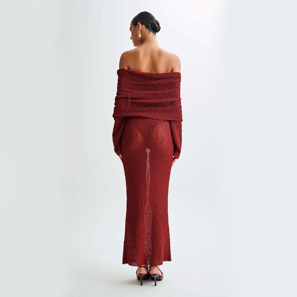 One-Shoulder Knitted Long-Sleeved Dress Sexy Beach Holiday Long