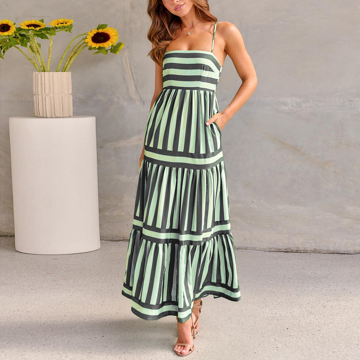 Summer Striped Printed Suspender Long Dress with Pockets Fashion
