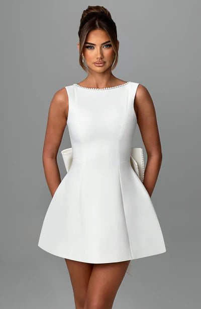 Fashion Big-Bowed Pearls Backless Dress Summer Slim Sleeveless A-Line