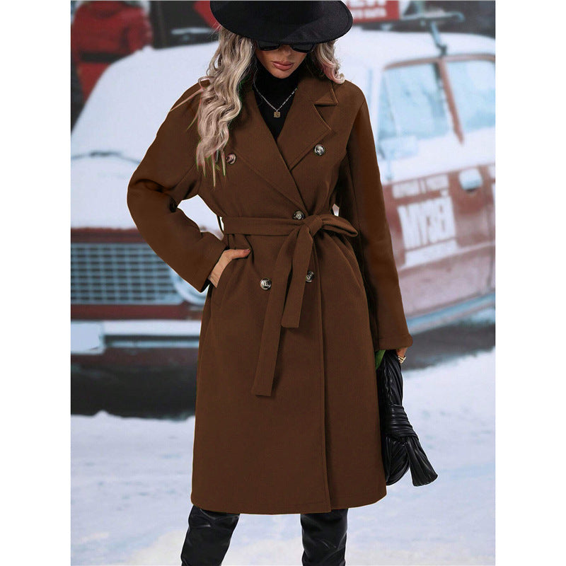 Lapel Double-Breasted Trench Coat with Belt Winter Fashion Solid
