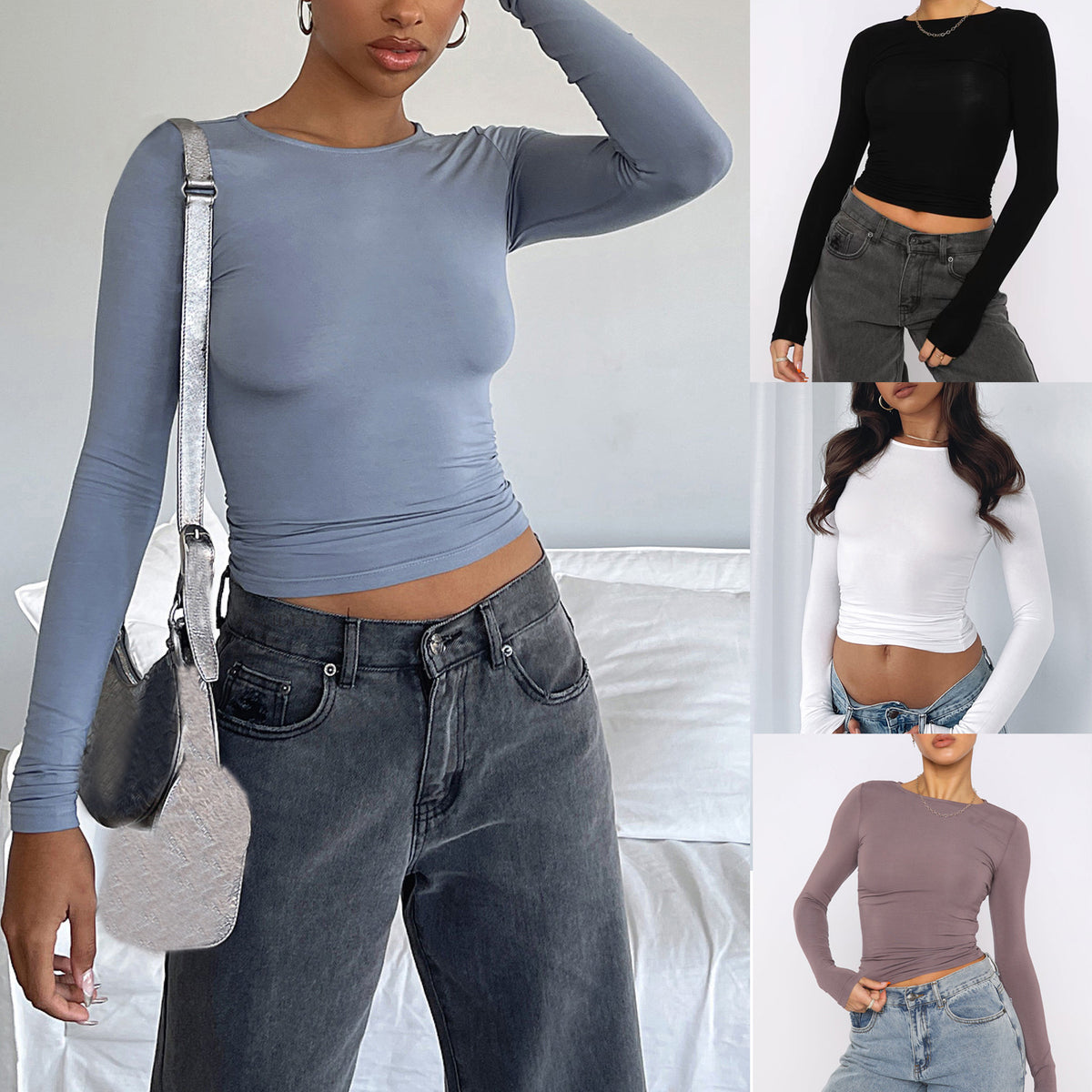 Women's Clothing Fashion Slim Long-Sleeved Pullovers Tops Solid