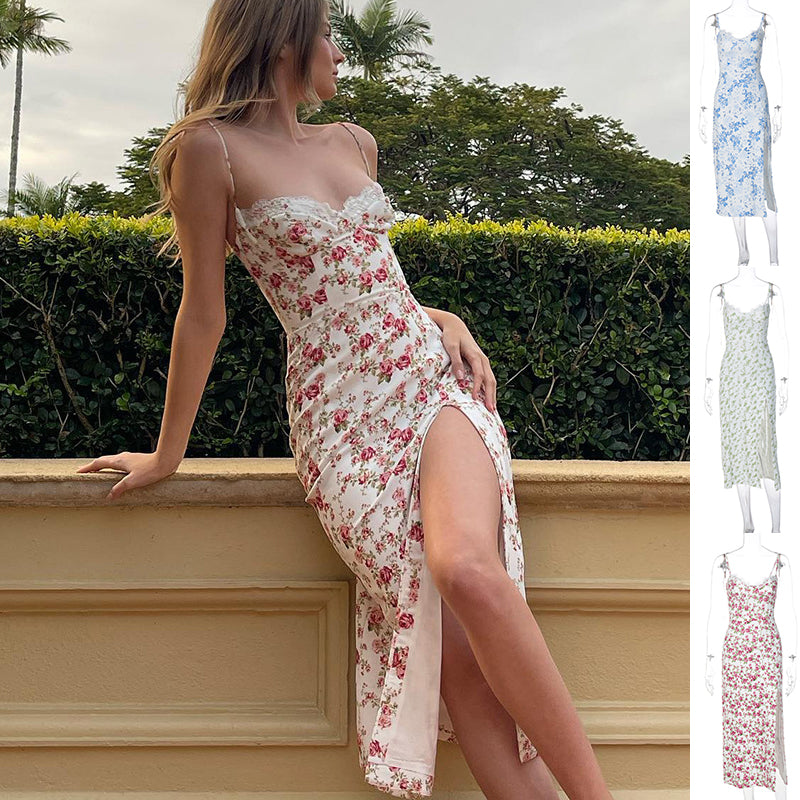 Lace Flowers Print Long Dress Sexy Fashion Slit Suspender Summer