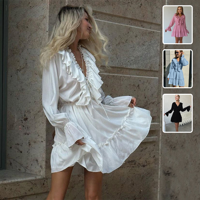 Fashion V-Neck Pleated Ruffle Long Sleeve Dress Y2K Flared Short