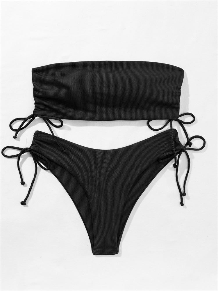 Summer Tube Bikini with Drawstring Design Solid Color Sexy Swimsuit