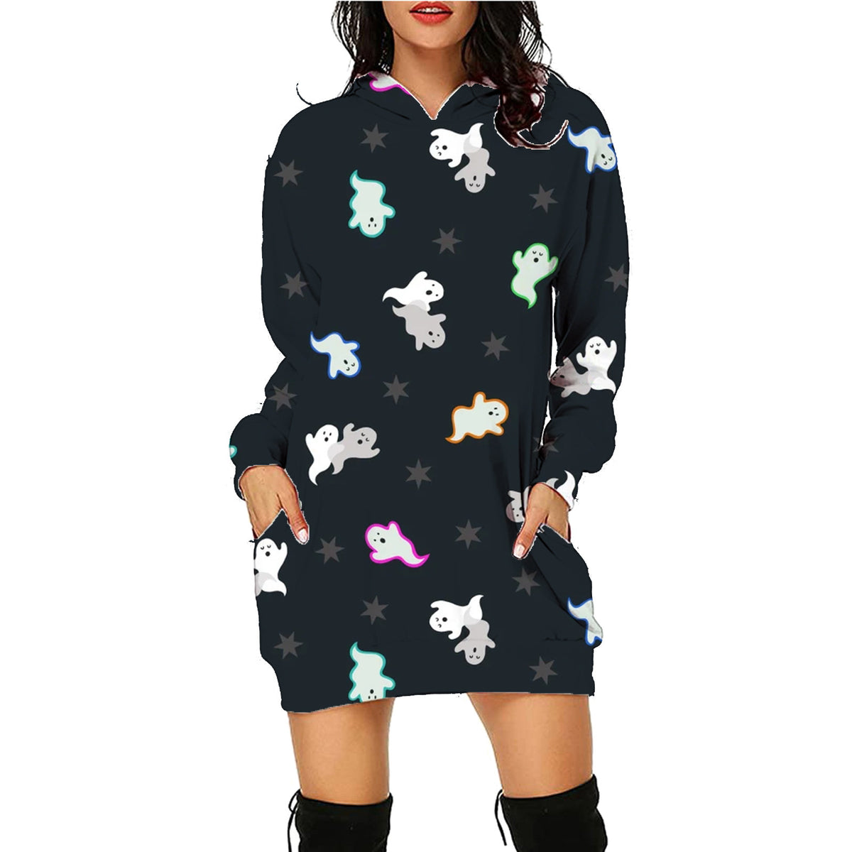 Halloween Print Long Hoodie with Pockets Sweater Sleeve Clothes Women