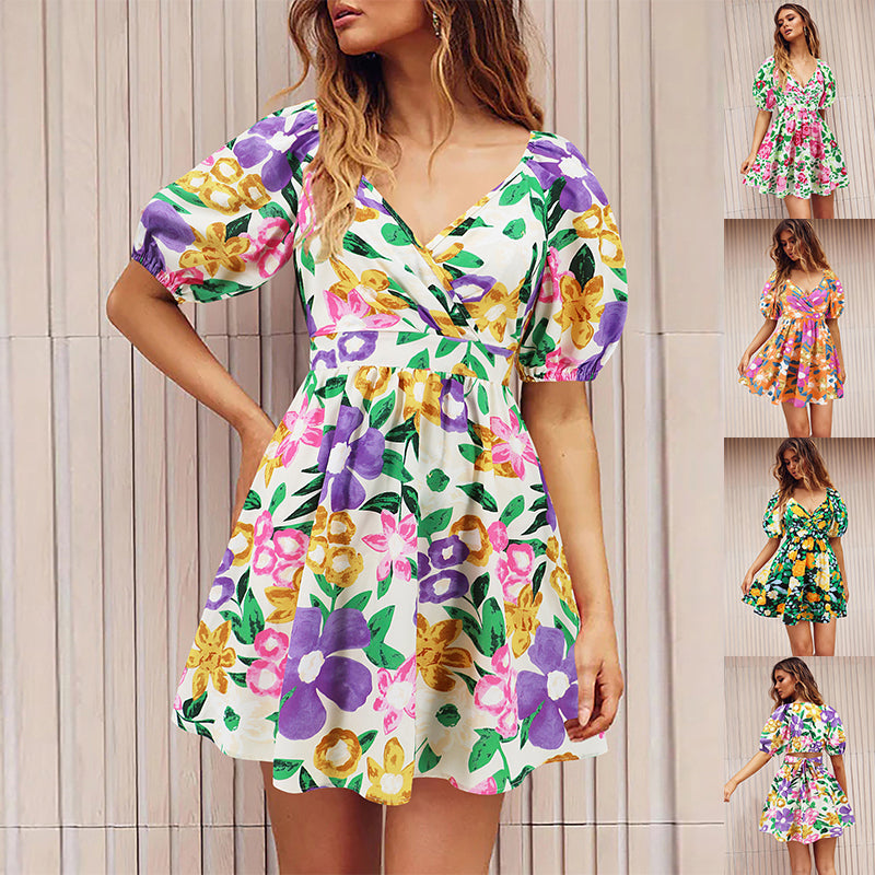 Flowers Print V-Neck Lantern-Sleeve Dress Y2K Summer Vacation Beach