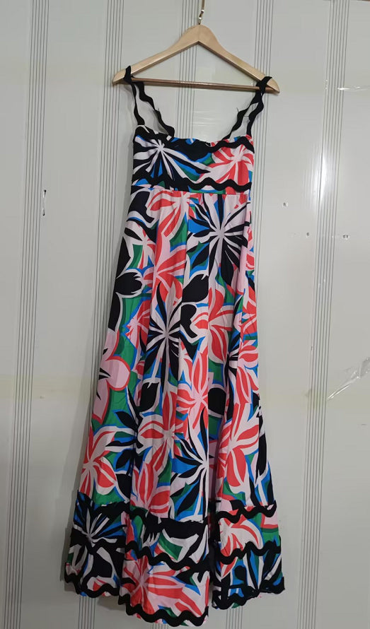 Flowers Print Wavy Pattern Suspender Long Dress for Women Fashion
